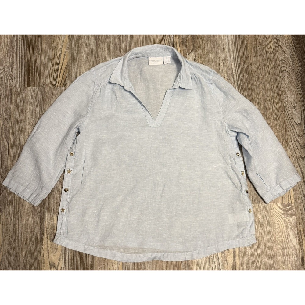 Martha Stewart Collection 100% Linen Blouse Size L 3/4 Sleeves Side Slits